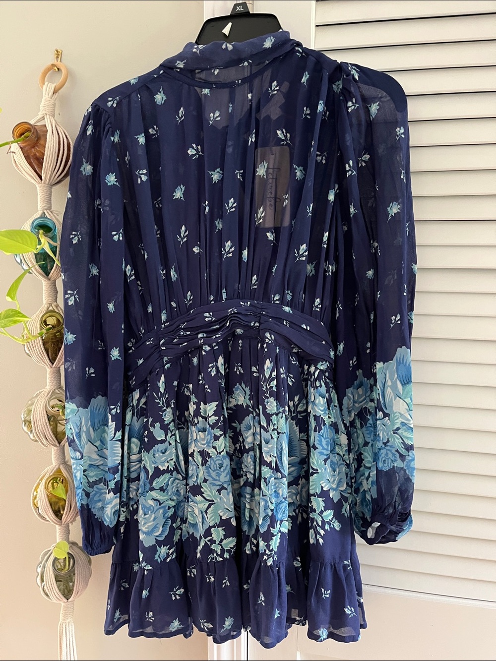 Anthropologie Navy Blue Floral Long-Sleeve Mini Dress